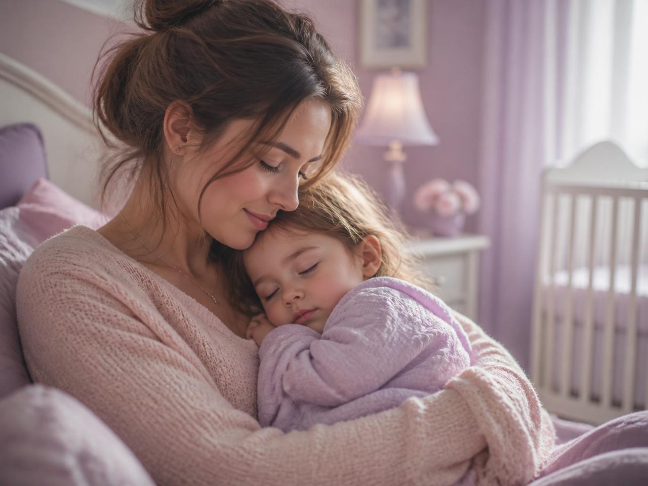 Mãe aconchegando sua filha adormecida em um quarto acolhedor